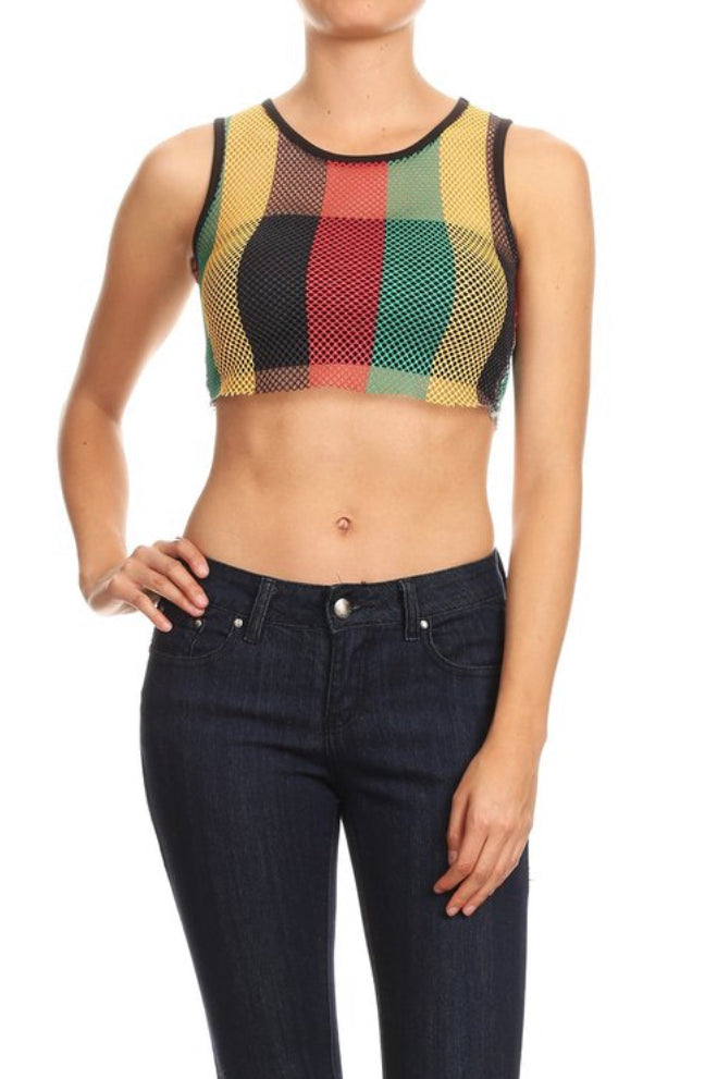 rasta striped mesh fishnet cropped top