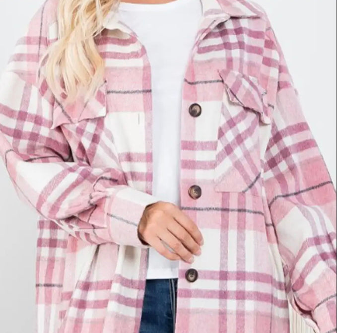 mauve plaid long shirt jacket
