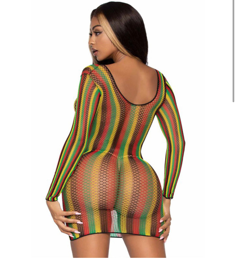 Rasta Fishnet Long Sleeve Mini Dress/Swimwear Coverup/Lingerie (Restocking-PREORDER)