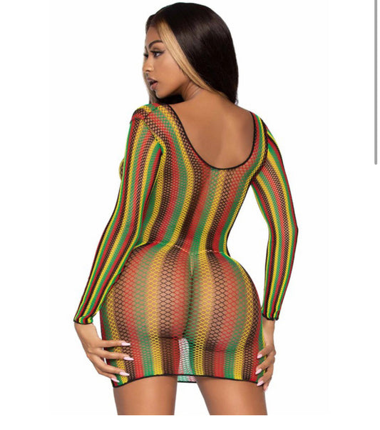 Rasta Fishnet Long Sleeve Mini Dress/Swimwear Coverup/Lingerie (PREORDER)