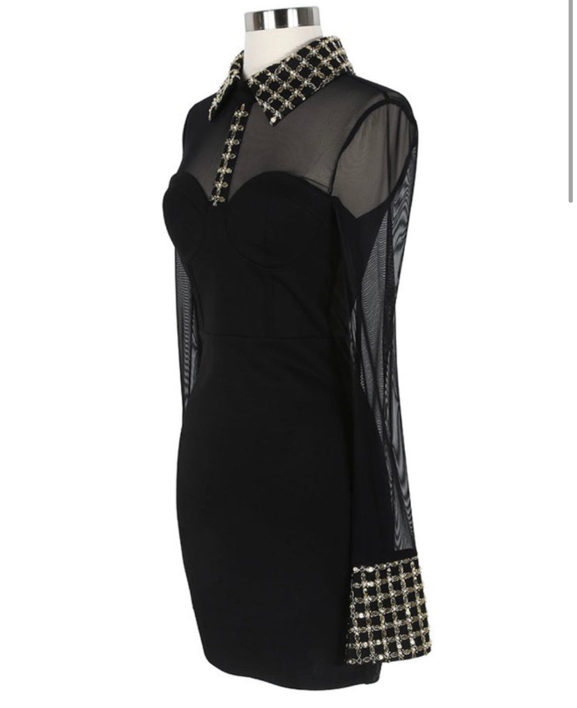 Vestido Mini de Tela Transparente Sexy Preto e Dourado