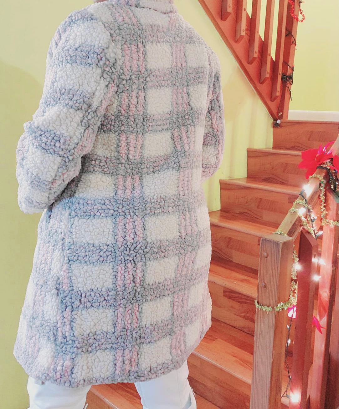 fluffy midi plaid coat