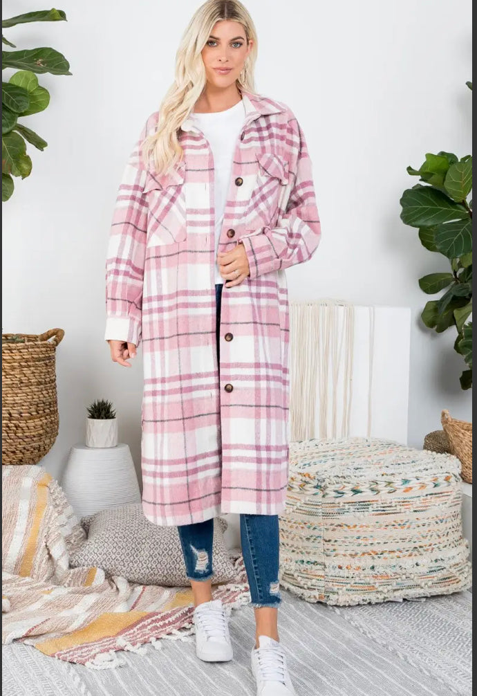 mauve plaid long shirt jacket