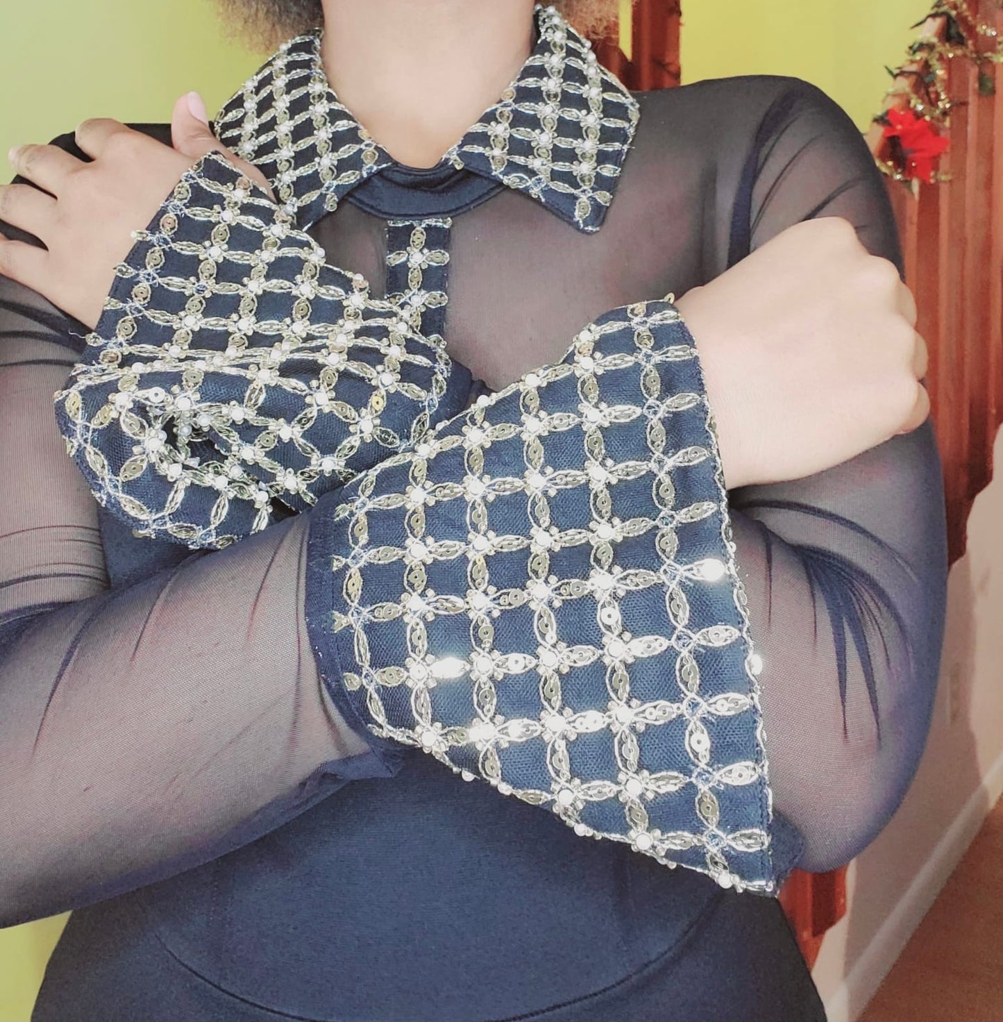 Black & Gold Sexy Mesh Collar Mini Dress