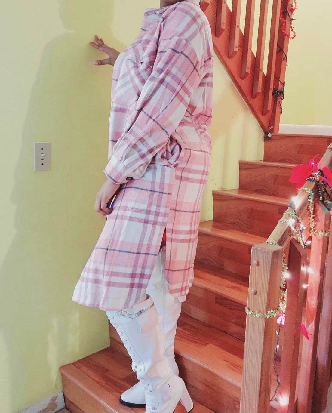 mauve plaid long shirt jacket