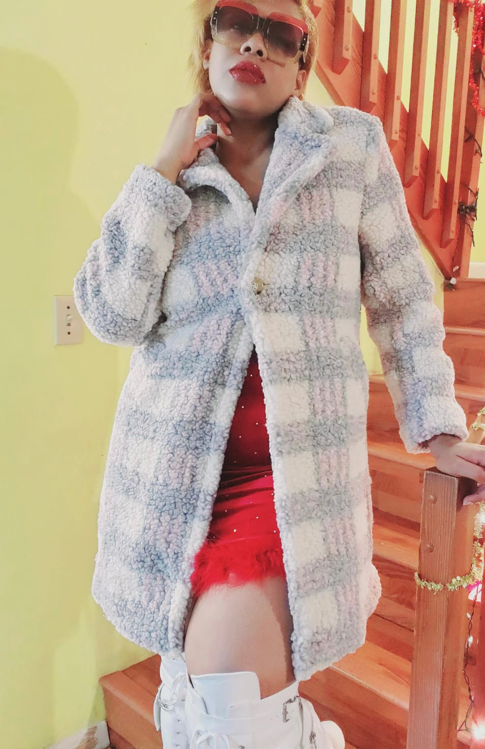 fluffy midi plaid coat