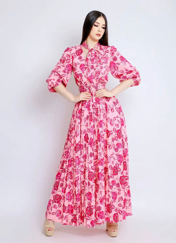 flower print tie-neck pleated maxi dress