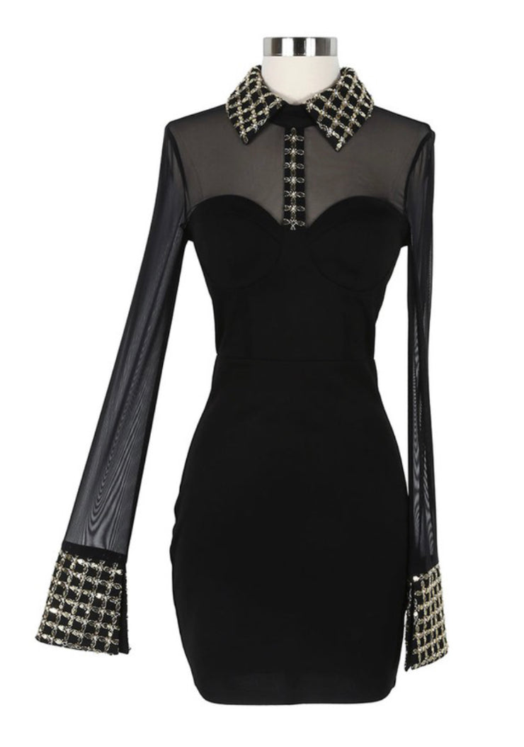 Vestido Mini de Tela Transparente Sexy Preto e Dourado