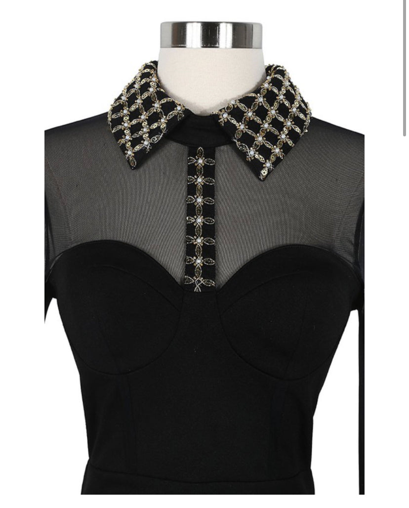 Vestido Mini de Tela Transparente Sexy Preto e Dourado