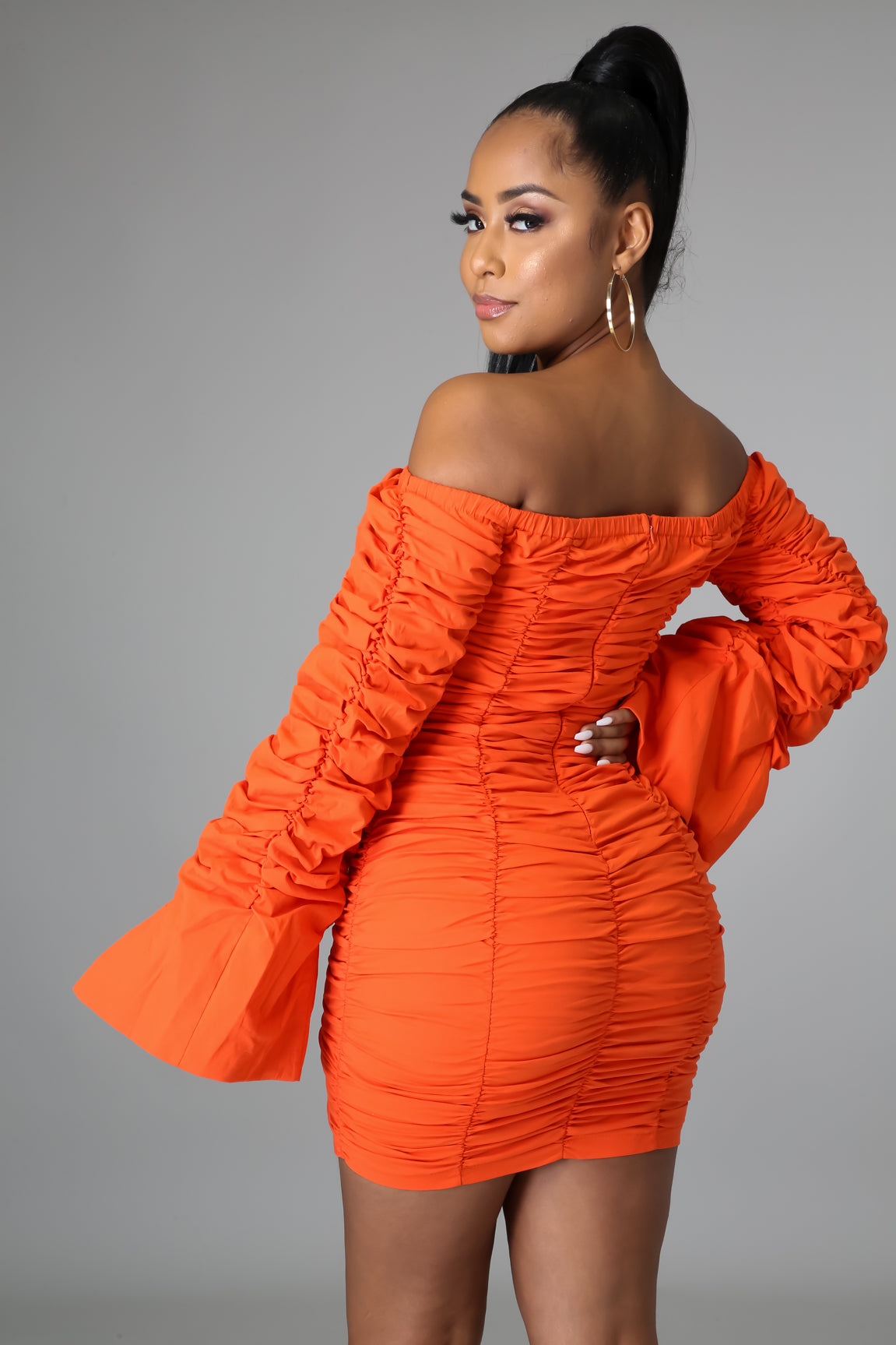 stretch denim off shoulder ruched ruffled mini dress