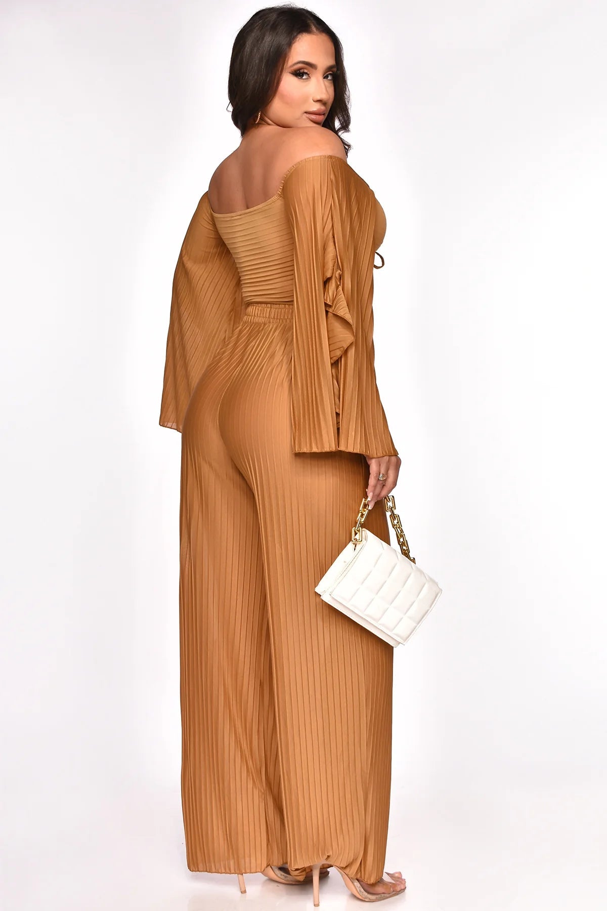 Brown Pleated Wide Leg Pants & Ruched Long Sleeve Off Shoulder Top Set