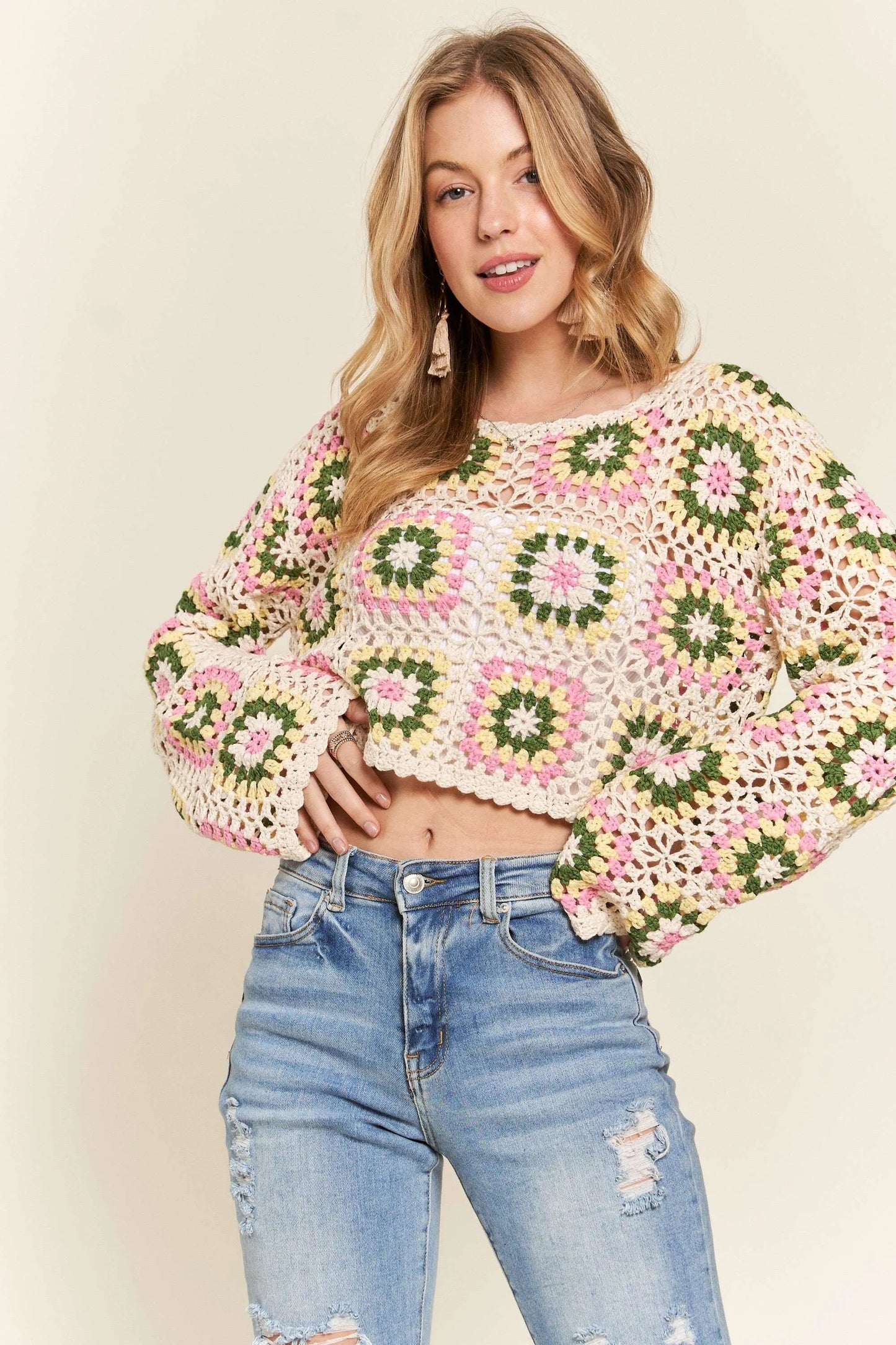 ADORA Multicolor Crochet Crop Top in Natural