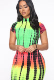 Neon Tie-Dye Close to Rasta Pattern Print Knee Length Dress