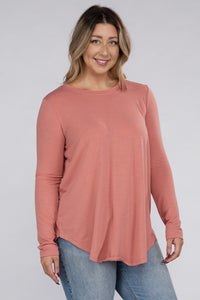 Plus Size Long Sleeve Round Neck Round Hem Top-5 Colors