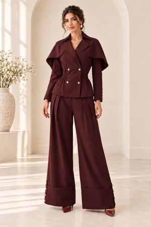 Cape Top & Pants Set- Burgundy