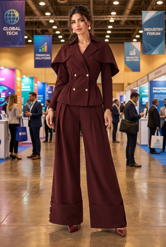 Cape Top & Pants Set- Burgundy