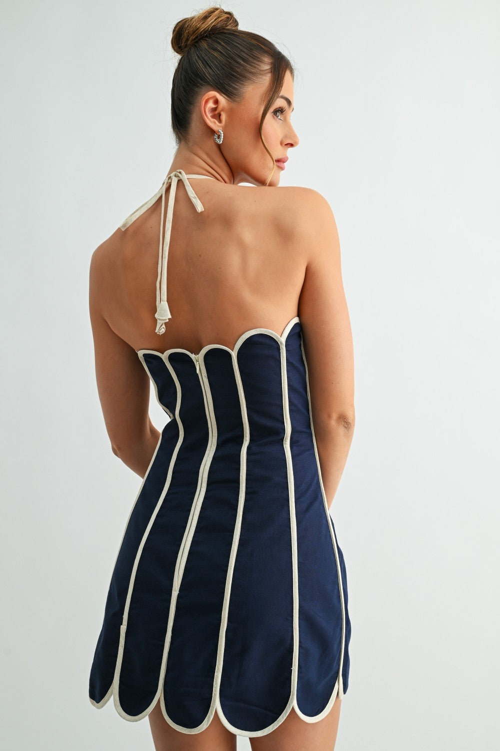 Scalloped Halter Neck Mini Dress- Navy
