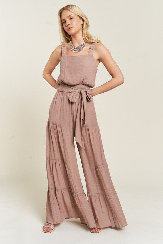 PLUS SIZE ELASTIC STRAP TIERED JUMPSUIT- 2 COLORS