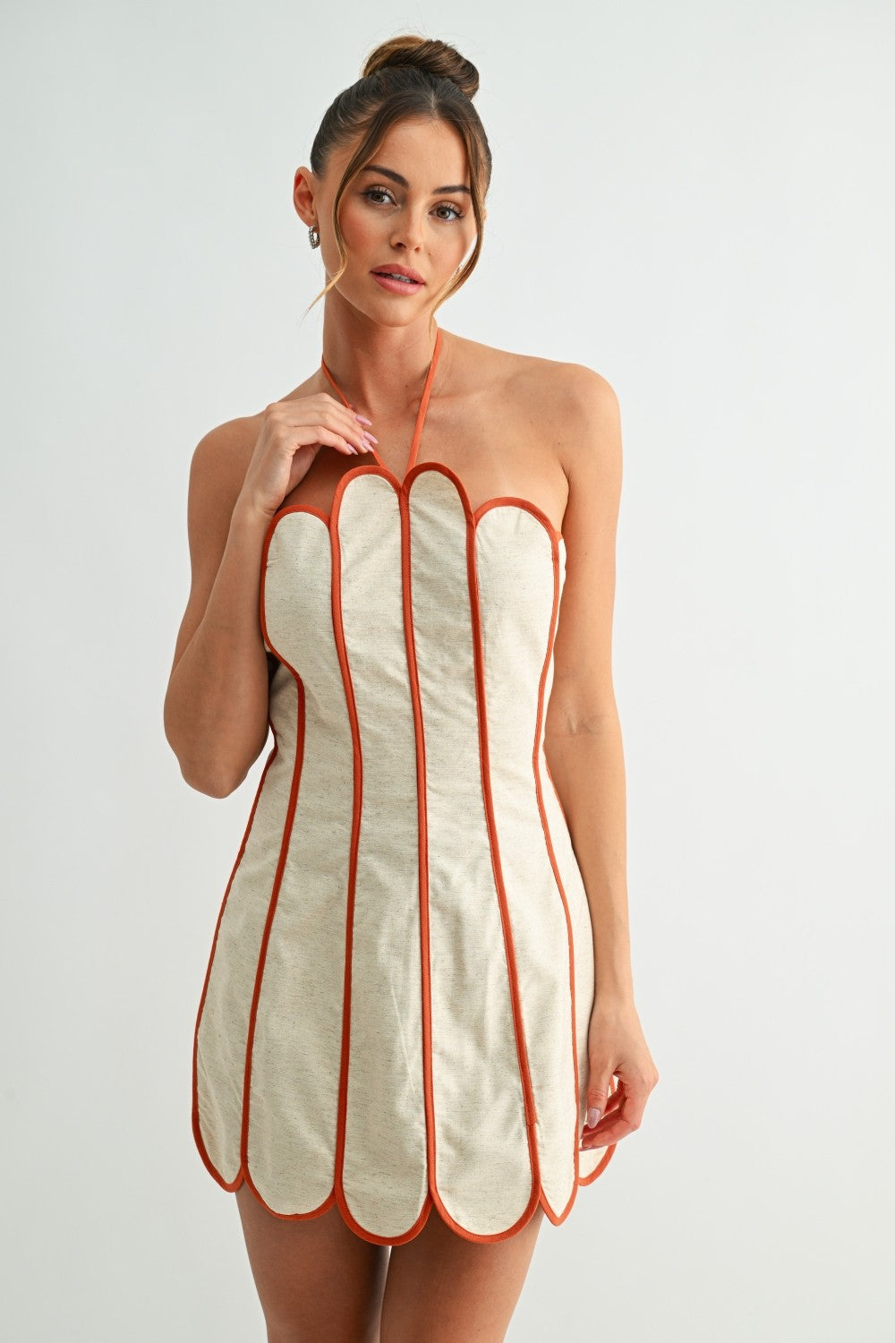 Scalloped Halter Neck Mini Dress- Beige