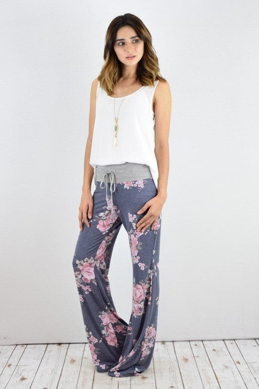 Drawstring Floral Wide Leg Pants-2 Colors
