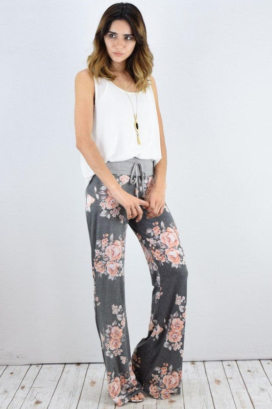 Drawstring Floral Wide Leg Pants-2 Colors