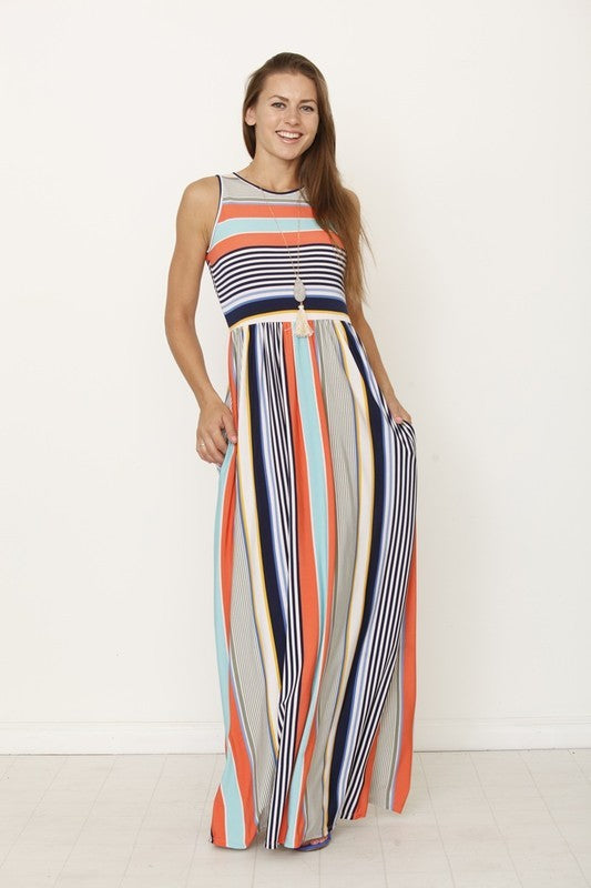 Multi Striped Maxi Dress w/ Hidden Pocket-2 Colors