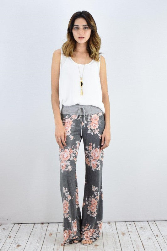 Drawstring Floral Wide Leg Pants-2 Colors