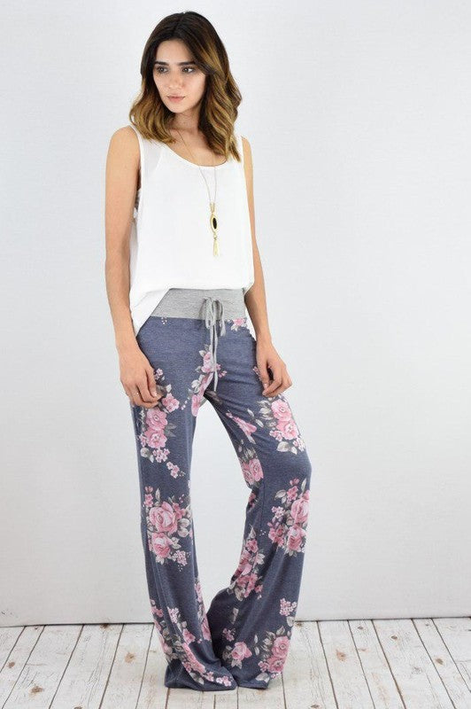 Drawstring Floral Wide Leg Pants-2 Colors