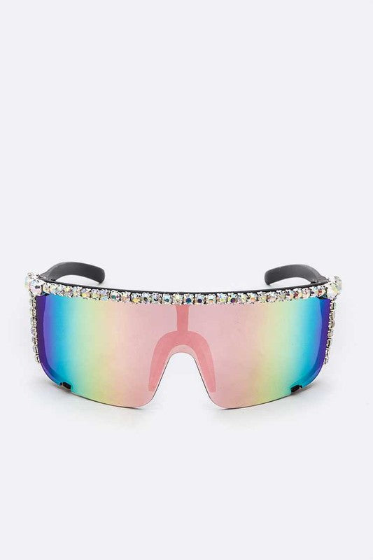 Rhinestone Shield Inspired Statement Sunglasses- 2 Colors