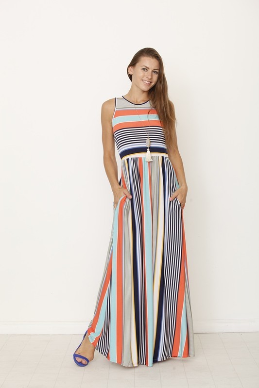 Multi Striped Maxi Dress w/ Hidden Pocket-2 Colors