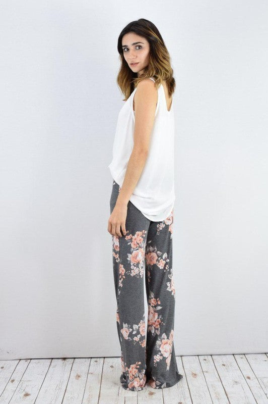 Drawstring Floral Wide Leg Pants-2 Colors
