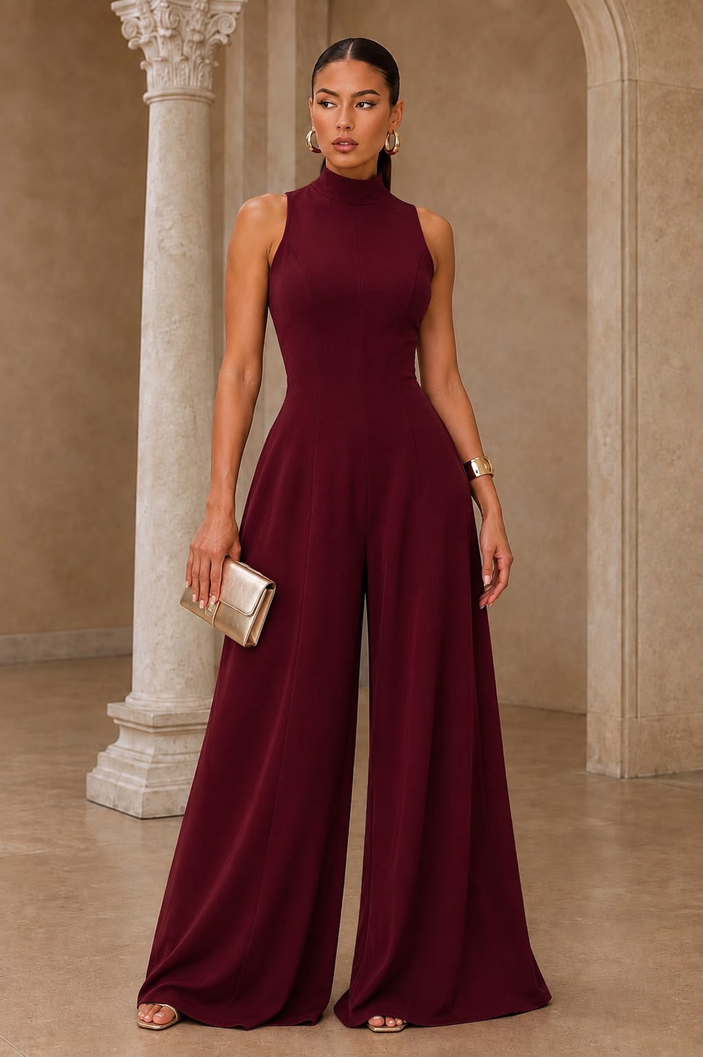 Elegant Wide Leg Open Back Jumpsuit- Burgundy