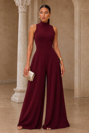 Elegant Wide Leg Open Back Jumpsuit- Burgundy