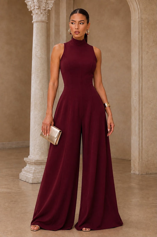 Elegant Wide Leg Open Back Jumpsuit- Burgundy