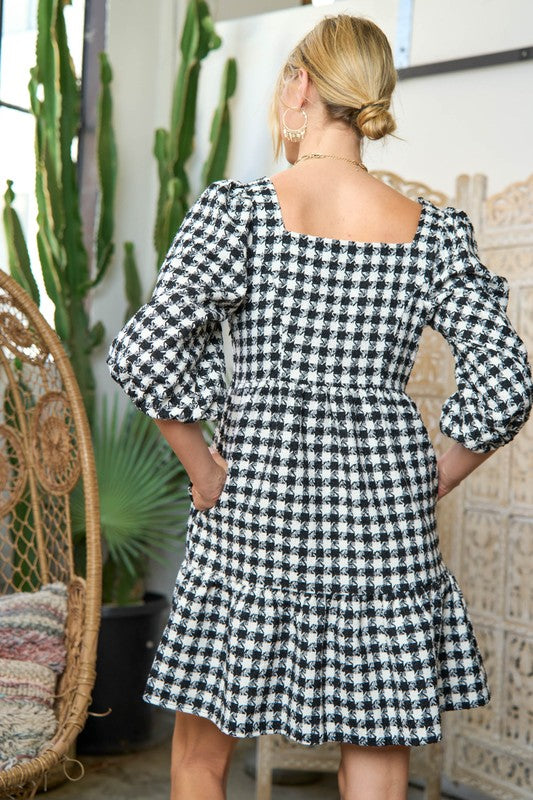 PLUS SIZE TWEED PUFF SLEEVE MINI DRESS-2 COLORS