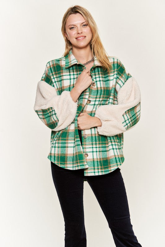 Multi Plaid Fuzzy Sleeve Jacket-2 Colors