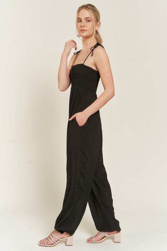 SMOCKED TIE STRAP JUMPSUIT-2 COLORS