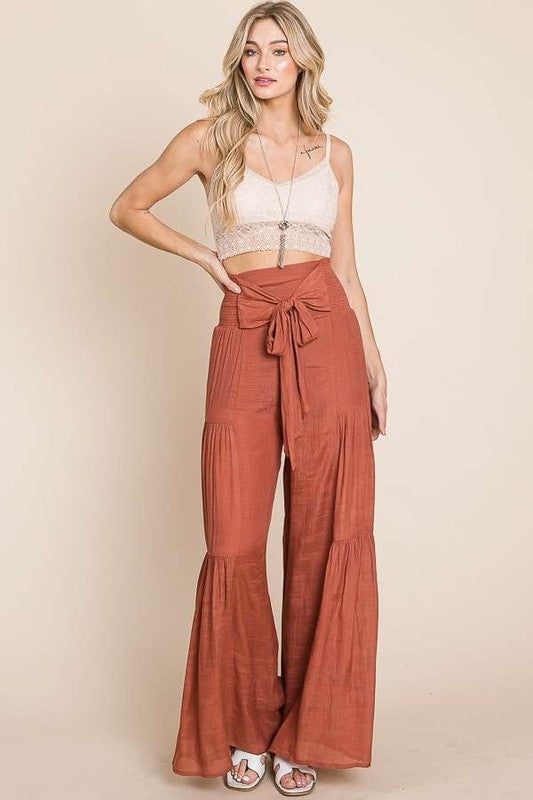 Plus Size Tie Front Ruched Waist Back Pants-3 Colors