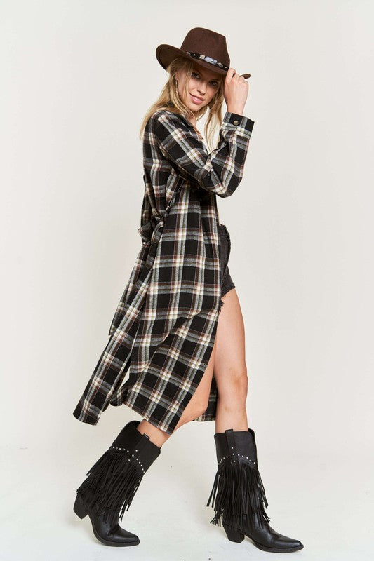 PLUS SIZE PLAID PRINT COLLAR LONG SHIRT DRESS-3 COLORS