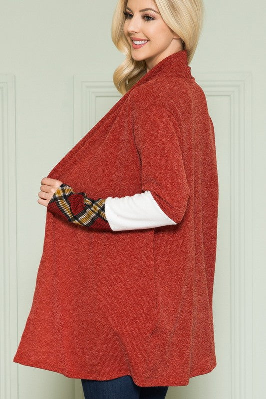 Plus Size Solid Plaid Contrast Long Sleeve Cardigan- 2 Colors