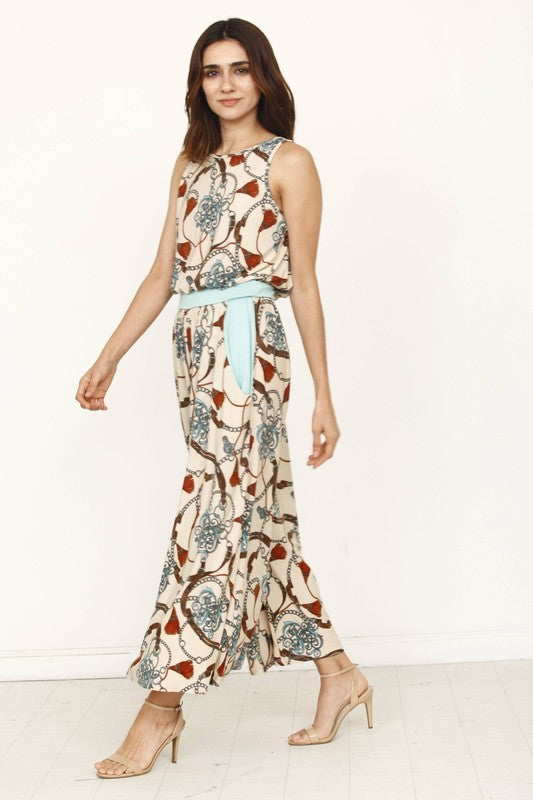 Plus Size Blouson Chain Tassel Print  Cropped Jumpsuit