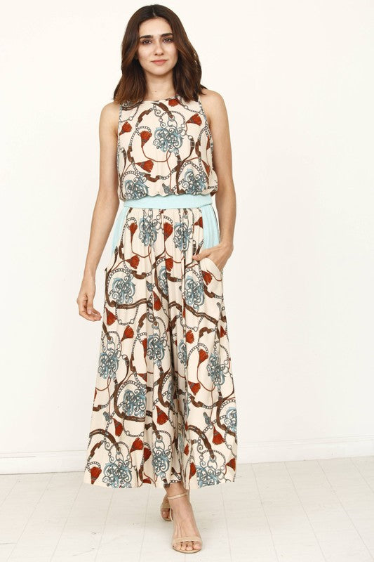 Plus Size Blouson Chain Tassel Print  Cropped Jumpsuit