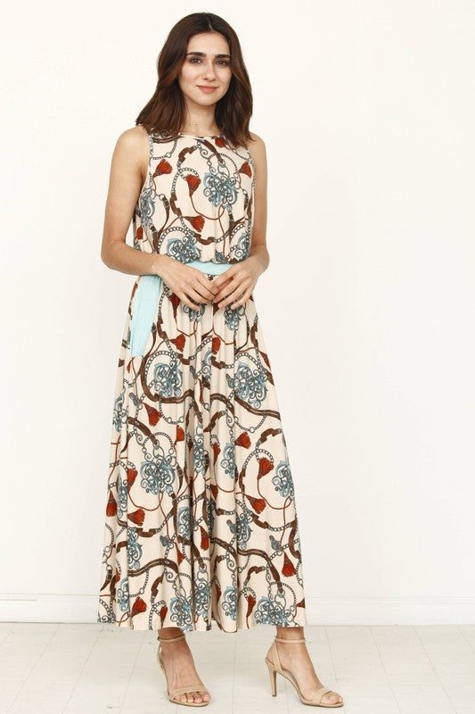 Plus Size Blouson Chain Tassel Print  Cropped Jumpsuit