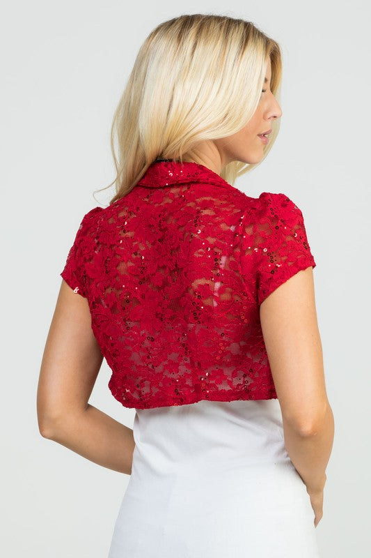 Crochet Sequin Lace Cropped Shrug Top- 6 Colors