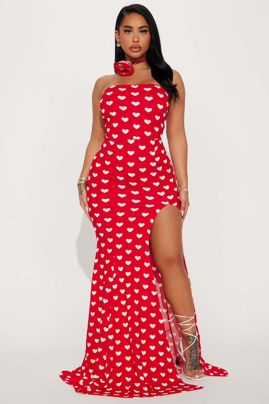 Hearts Slit Maxi Dress With Choker