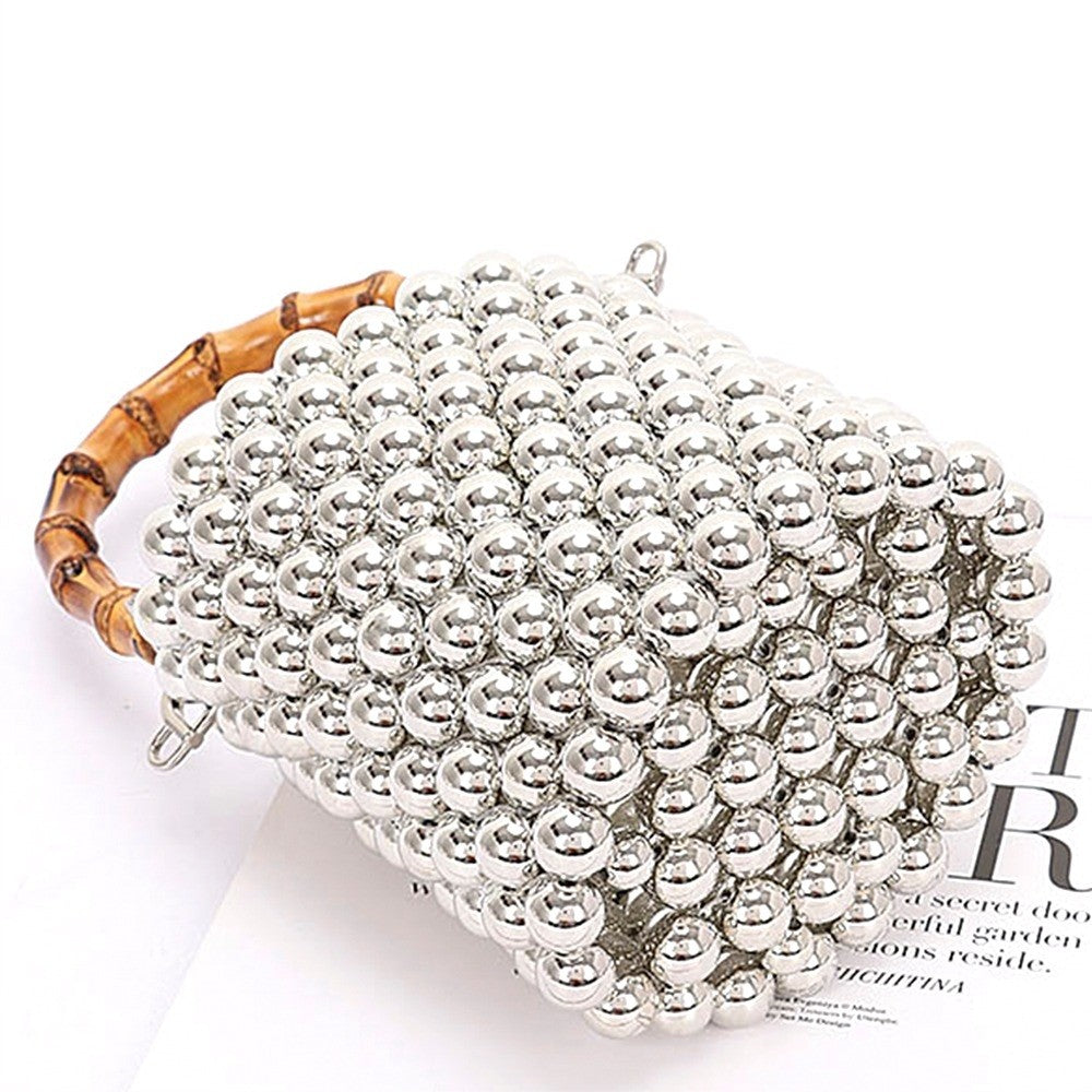 Bamboo Handle Pearl Bag- Silver
