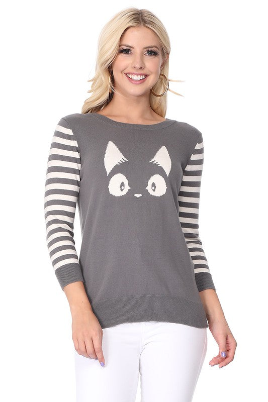 Kitty Cat Jacquard Casual Crewneck Pullover Sweater Top-4 Colors