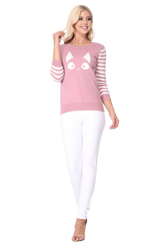 Kitty Cat Jacquard Casual Crewneck Pullover Sweater Top-4 Colors