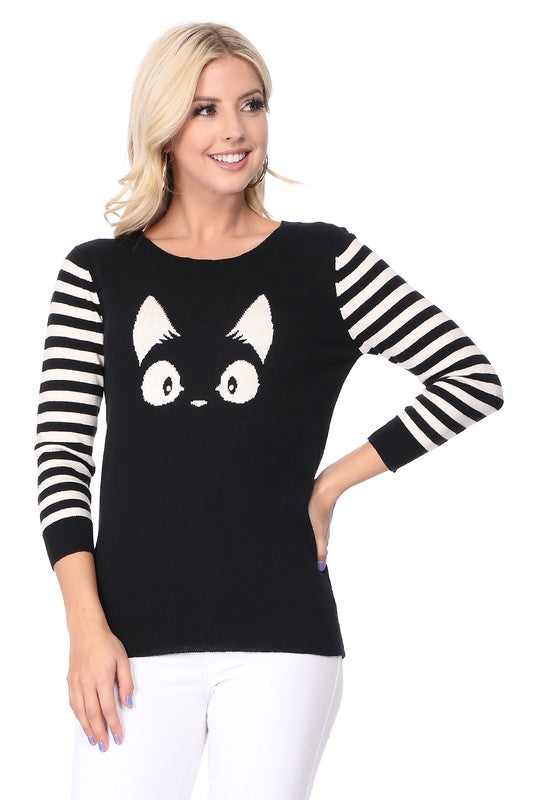 Kitty Cat Jacquard Casual Crewneck Pullover Sweater Top-4 Colors