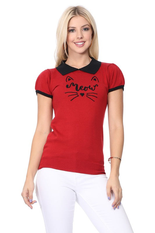 Meow Cat Jacquard Cap Sleeve Pullover Top-